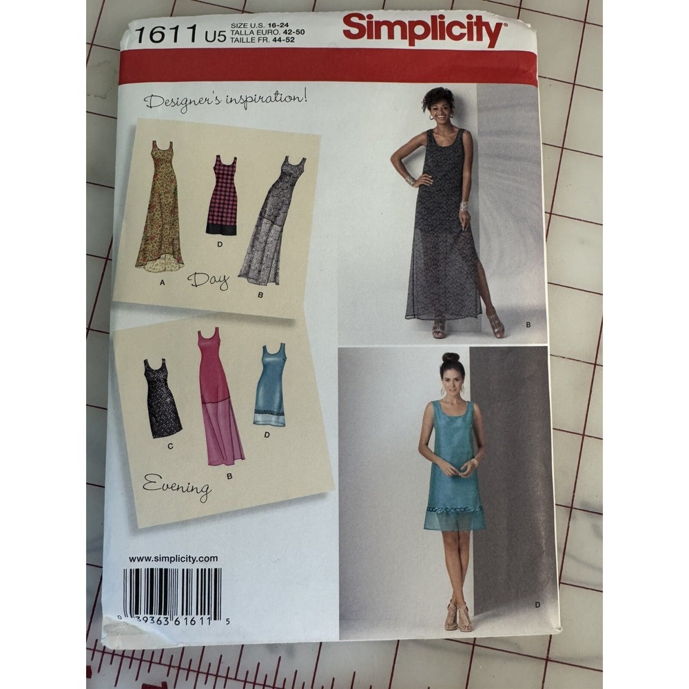 1611 Simplicity pattern Dress Long Short Sleeveless Misses Size 16-24 New Uncut